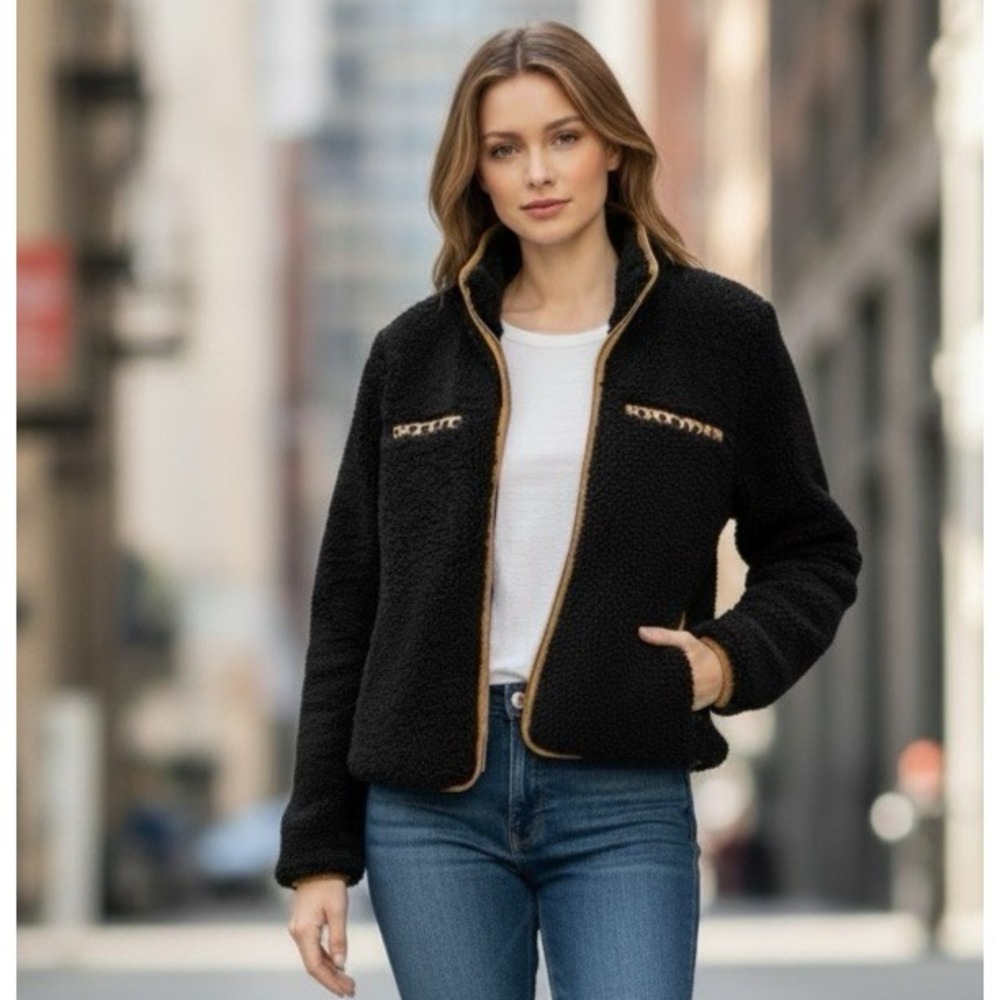 Thread & Supply Women's XS Wubby Heavy Fleece Bomber Jacket Black Animal